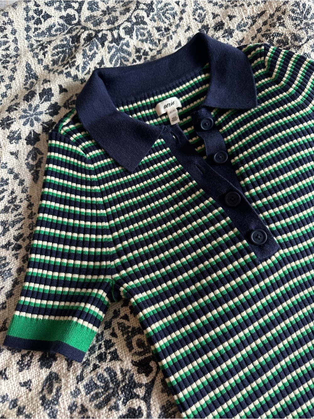 aerie Navy, Green & White Striped Ribbed Polo Tee
